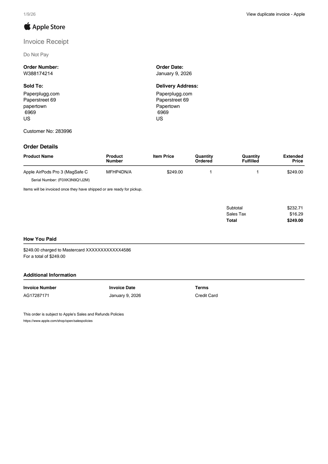 Apple fake invoice - Apple Store receipt generator for iPhone, iPad, MacBook
