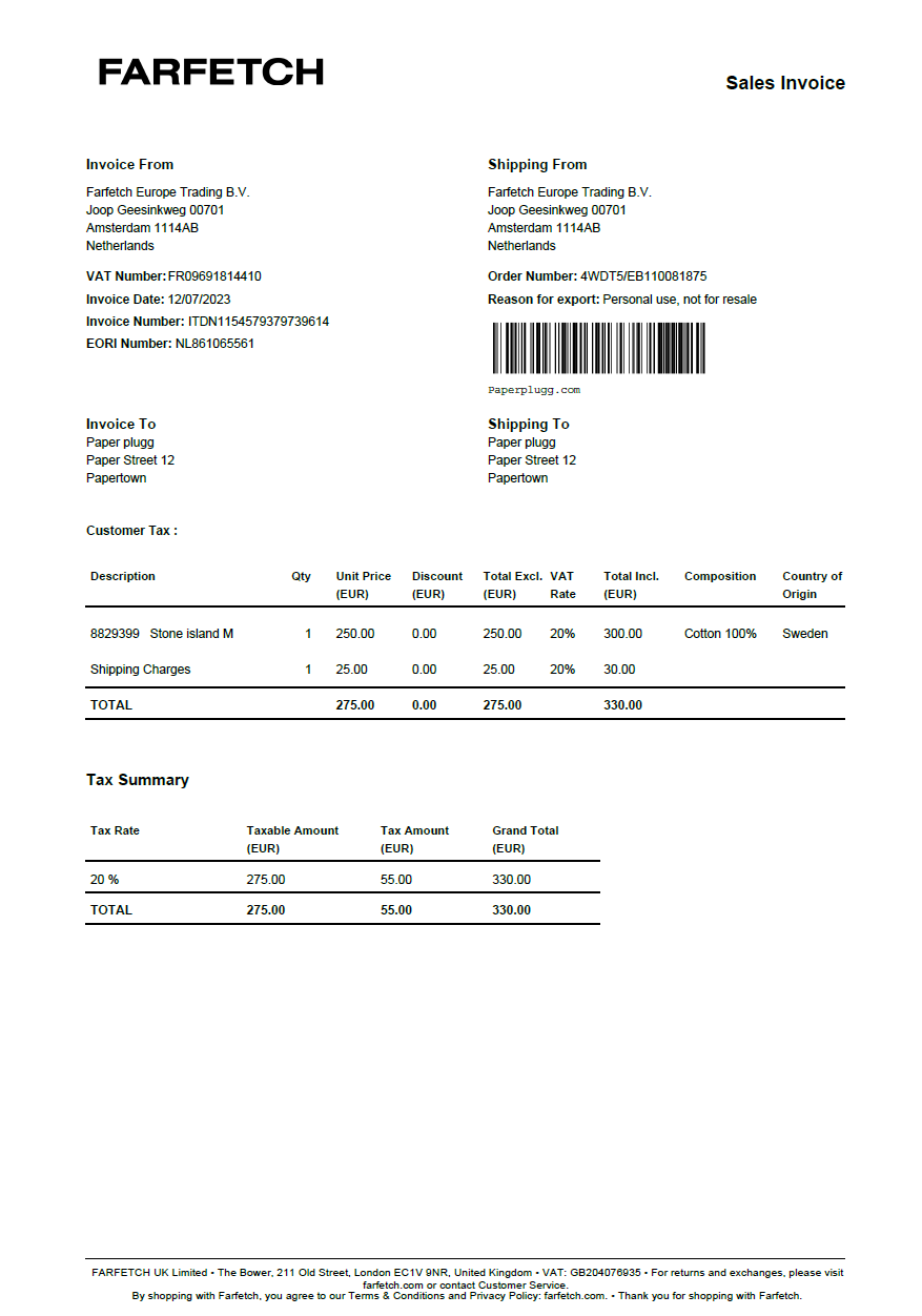 Farfetch fake invoice generator - luxury fashion sales invoice generator