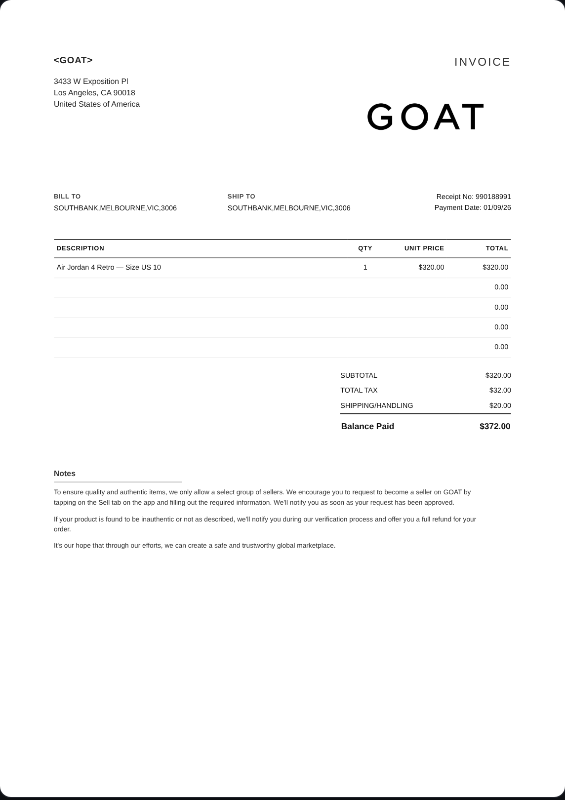 GOAT fake receipt generator - GOAT A4 sneaker invoice generator
