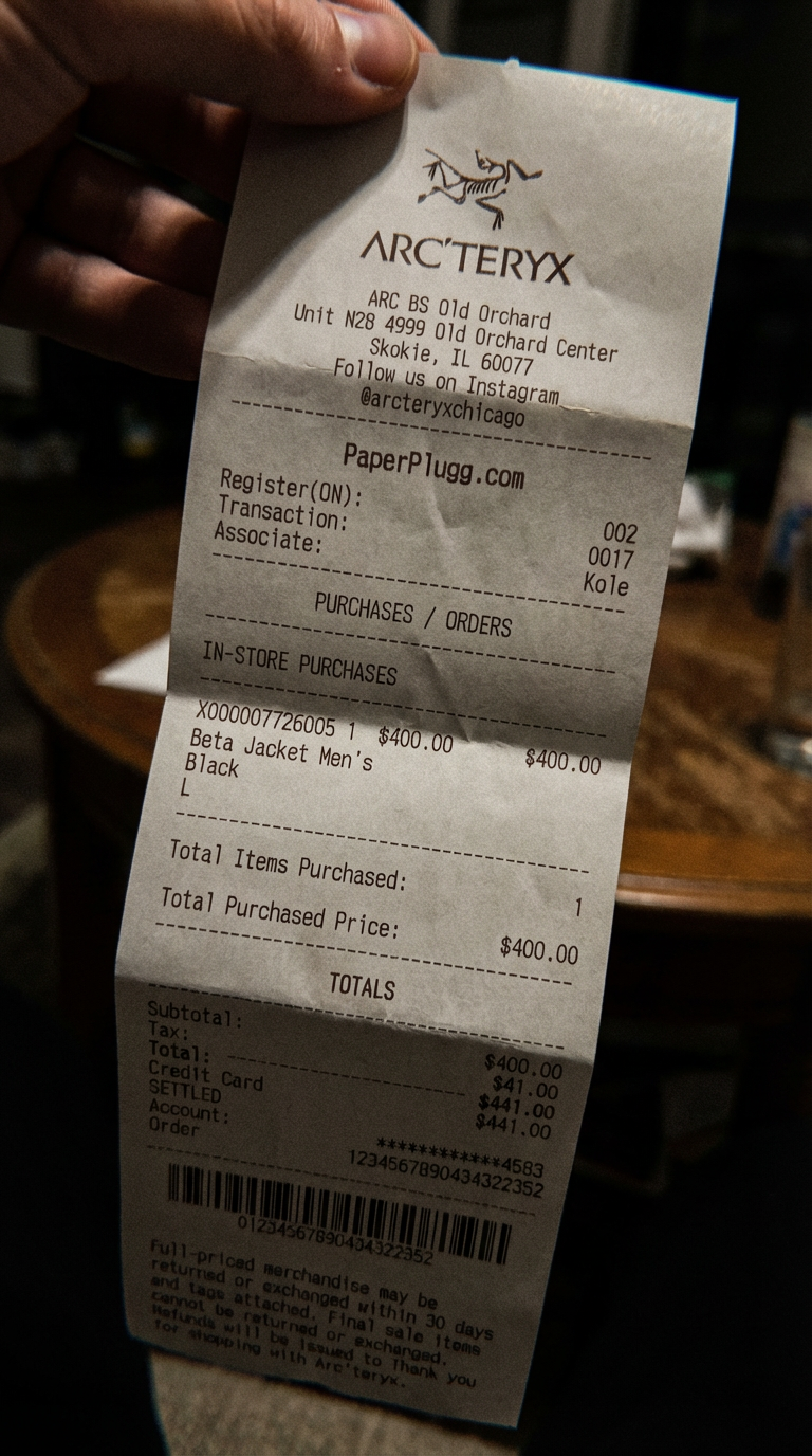 Arc'teryx fake receipt - outdoor gear receipt generator