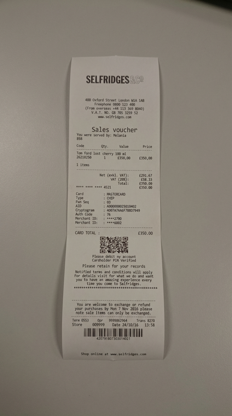 Selfridges fake receipt - Selfridges receipt generator Tom Ford Lost Cherry