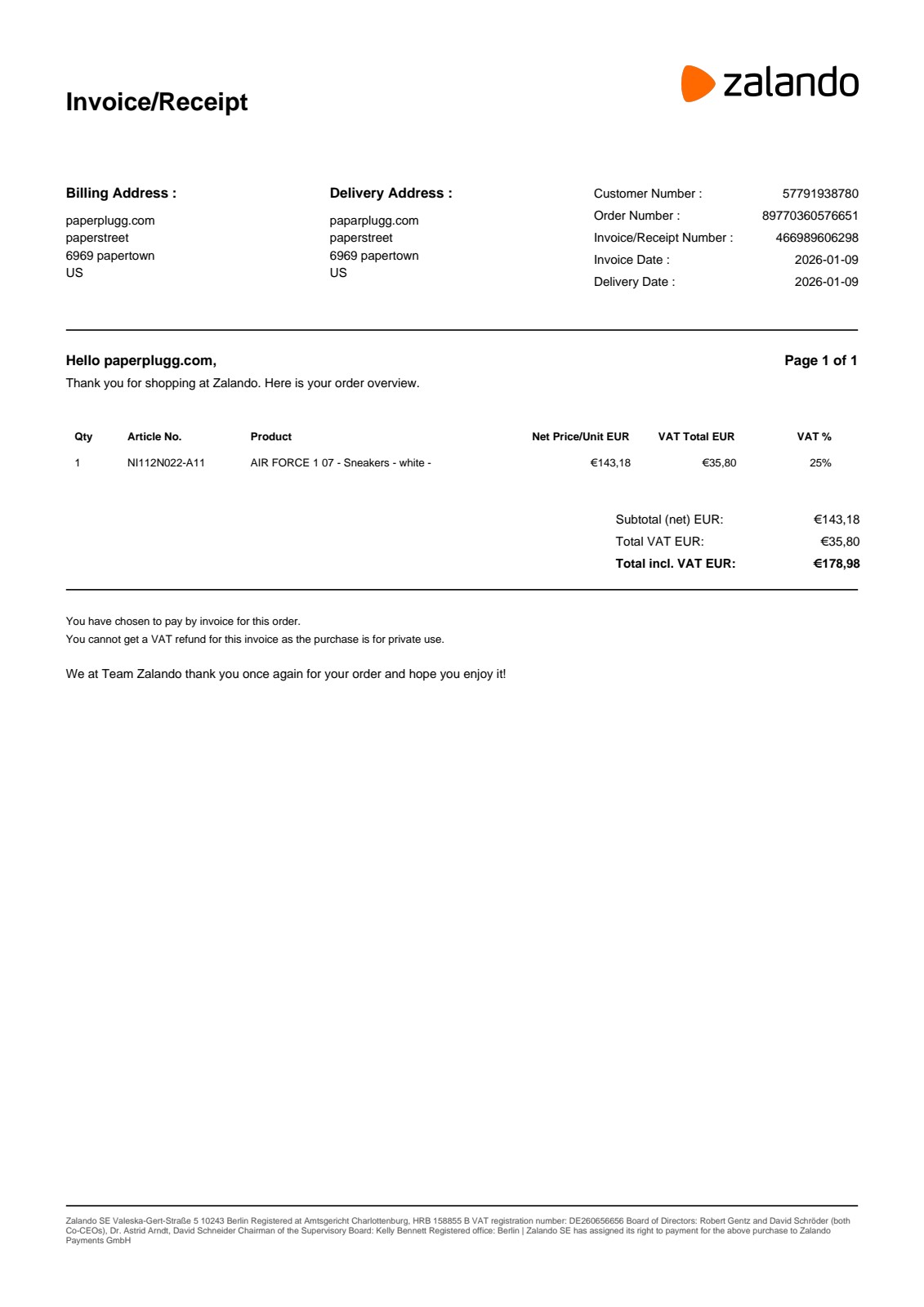 Zalando fake invoice generator - Nike, Adidas, Ralph Lauren receipt generator